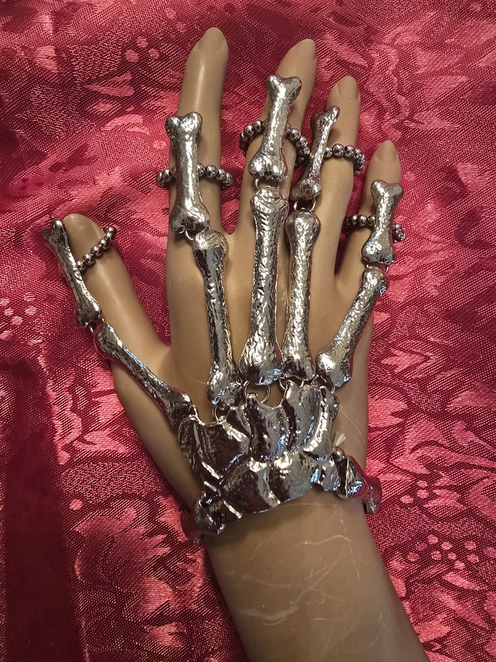 Silver Skeleton Hand Statement Ring Bracelet - Gothic Women Jewelry